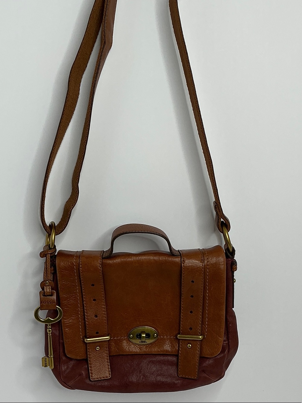 Fossil Long Live Vintage 1954 Two-Tone Brown Leather Crossbody Satchel
